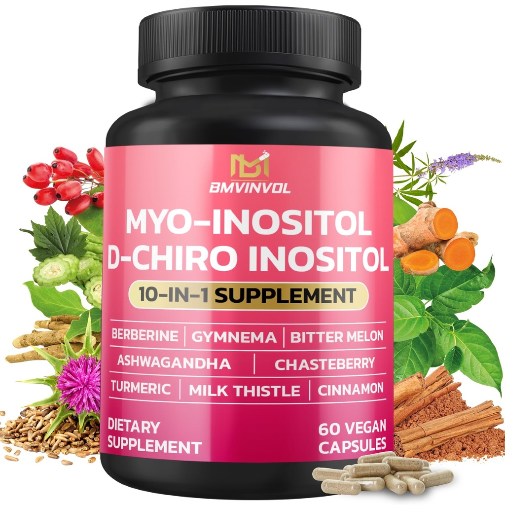 BMVINVOL Inositol Supplement - Myo-Inositol og D-Chiro Inositol Ideal 40: 1 Ratio - Plus Berberine, Kanel, Ashwagandha + 5 Mere - 60 Kapsler