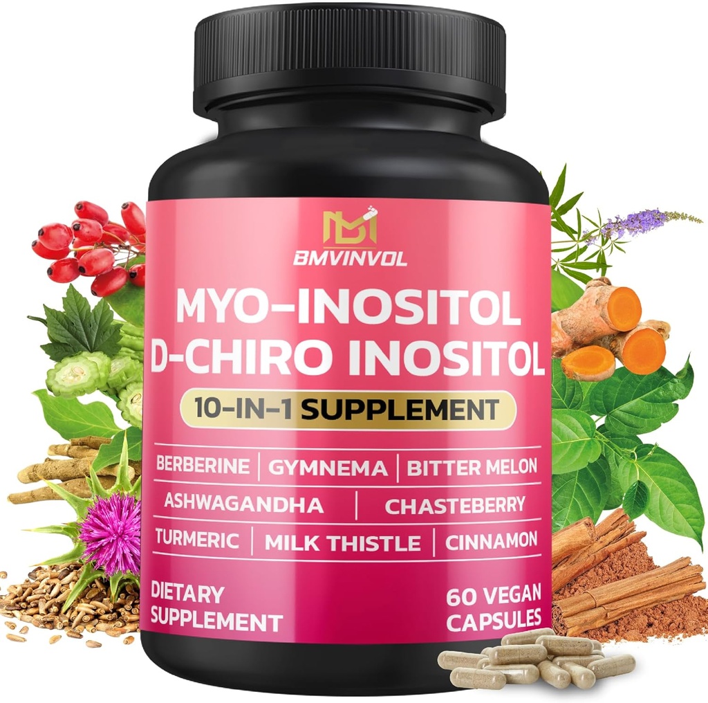 BMVINVOL Inositol Supplement - Myo-Inositol og D-Chiro Inositol Ideal 40: 1 Ratio - Plus Berberine, Kanel, Ashwagandha + 5 Mere - 60 Kapsler