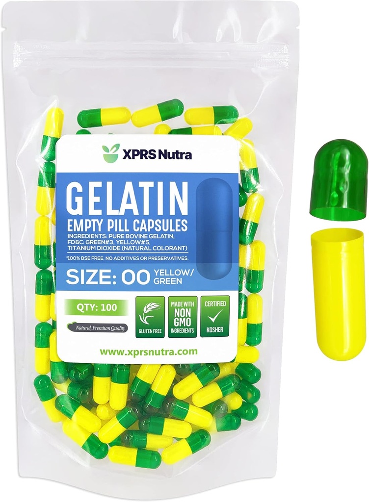 XPRS Nutra Størrelse 00 Tomme kapsler - 100 Grev Tomme Gelatine kapsler - Piller gør det selv Capsule Fyldning - Fyldelige Pille Gel Caps til Do- It- Yourself Kosttilskud (grøn / gul)