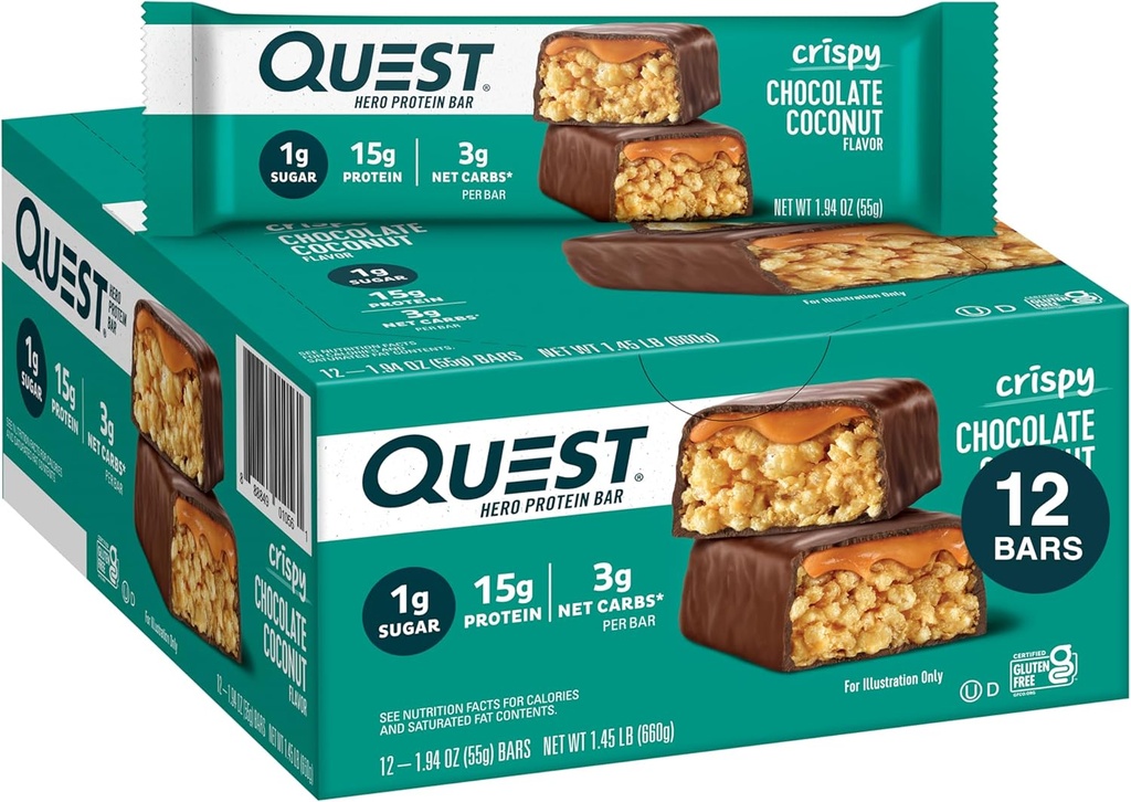 Quest Nutrition Crispy Chocolate Coconut Hero Protein Bar, 15g Protein, 1g Sukker, 3g Net Carbs, Gluten Free Protein Snack, Keto Friendly, 12 Greve