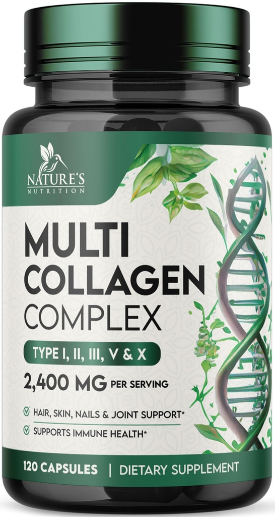 Multi Collagen Supplement 2400 mg - hydrolyseret type I, II, III, V & X Multi Collagen Pills Complex, Collagen Peptider Kosttilskud, hår, hud, negle, og fælles supporttillæg, non-GMO - 120 kapsler
