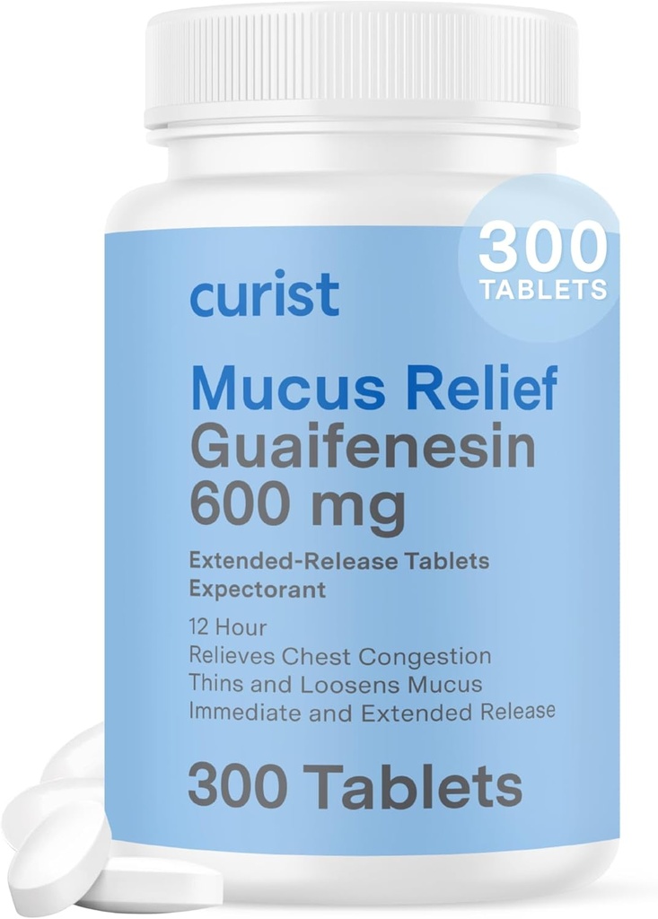 Curist Guaifenesin 600 mg Extended Release Tablets (300 Dye- Free Tablets) - Expectorant Mucus Relief, Generisk Guaifenesin 600 mg, (Bulk Pack)