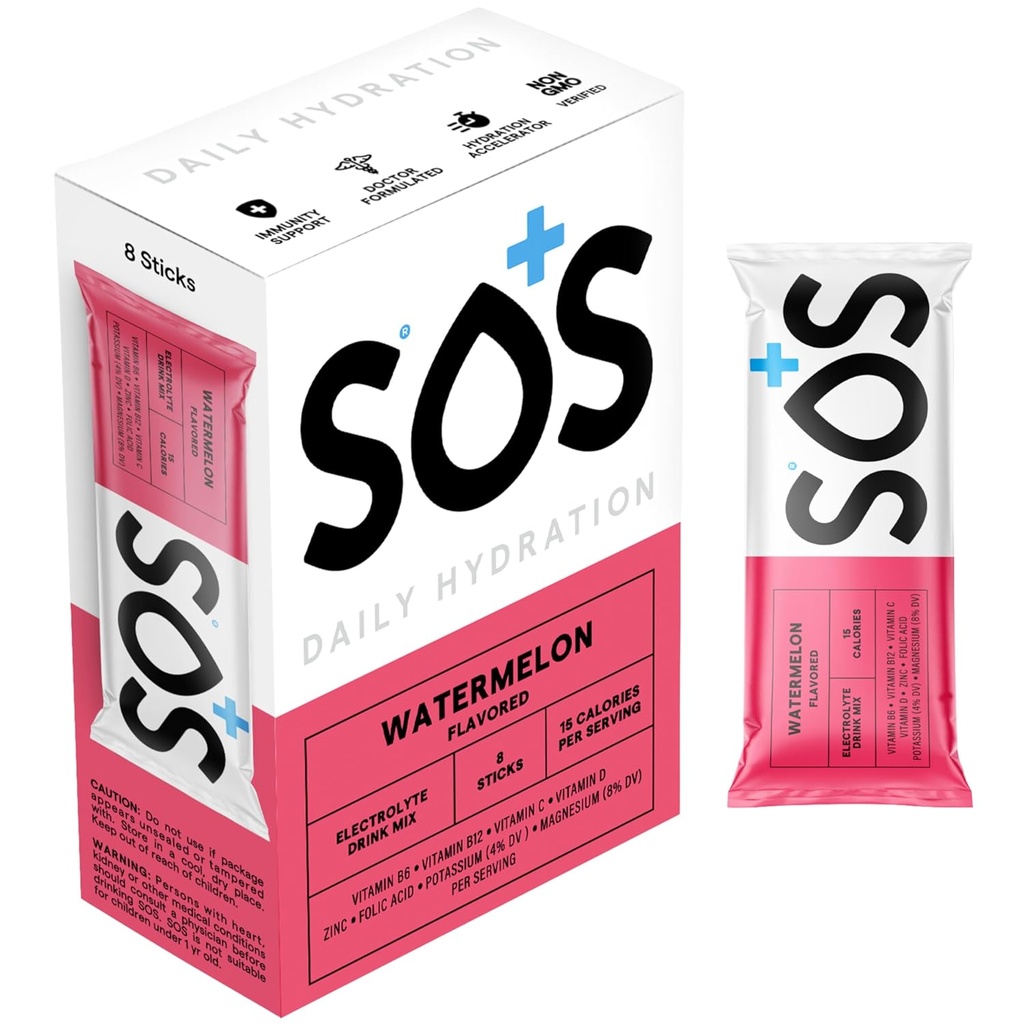 SOS Hydration Electrolyte Powder Packets, Watermelon Flavor, 8 Stick Packs – Low-Calorie, Rapid Rehydration, Made in USA, Keto & Vegan Friendly