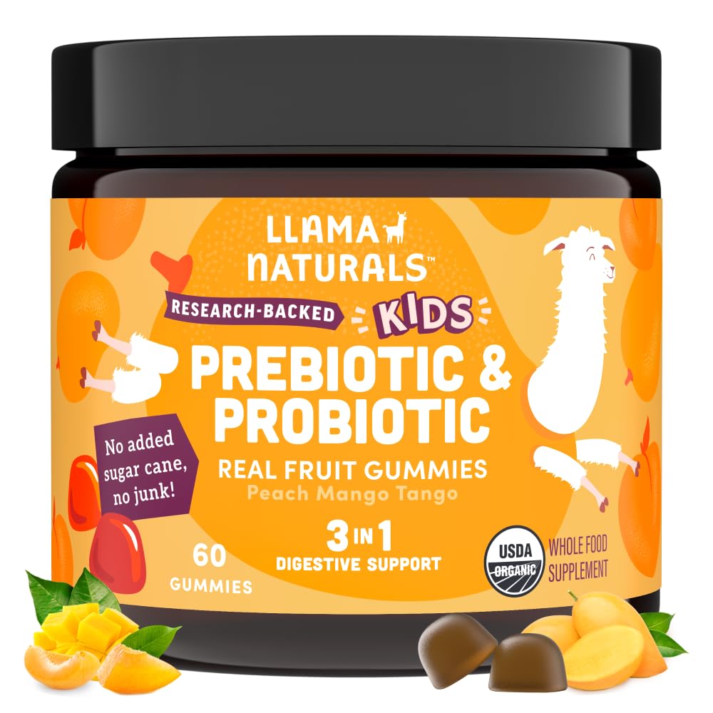 Llama Naturals Kids Probiotiske med Prebiotic Fiber, Vegan, Organic Prebiotics and Probiotics Gummies for Gut Health Support, Toddler Real Fruit Gummy Vitamin, Ingen Tilføjet sukkerrør, Peach Mango, 60 Ct