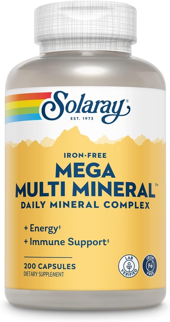 SOLARAY Mega Multi Mineral, Iron Free - Daily Mineral Supplement w / Trace Minerals, Electrolytes, Calcium, Magnesium, Zink, Selen, Boron -Cellular Energy, immunforsvar, 60- Day Garanti, 50 Serv