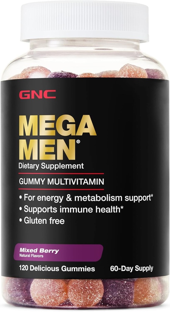 GNC Mega Mænd Multivitamin Gummy, energi, Metabolisme, & immunforsvar, blandet berry, 120 Greve