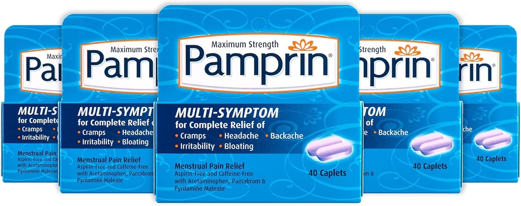 Pamprin Multi- symptom Formel, med Acetaminophen, Menstruelle Periode Symptomer Relief herunder kramper, smerte, irritabilitet og bloating, 40 kapsler (pakke med 5)