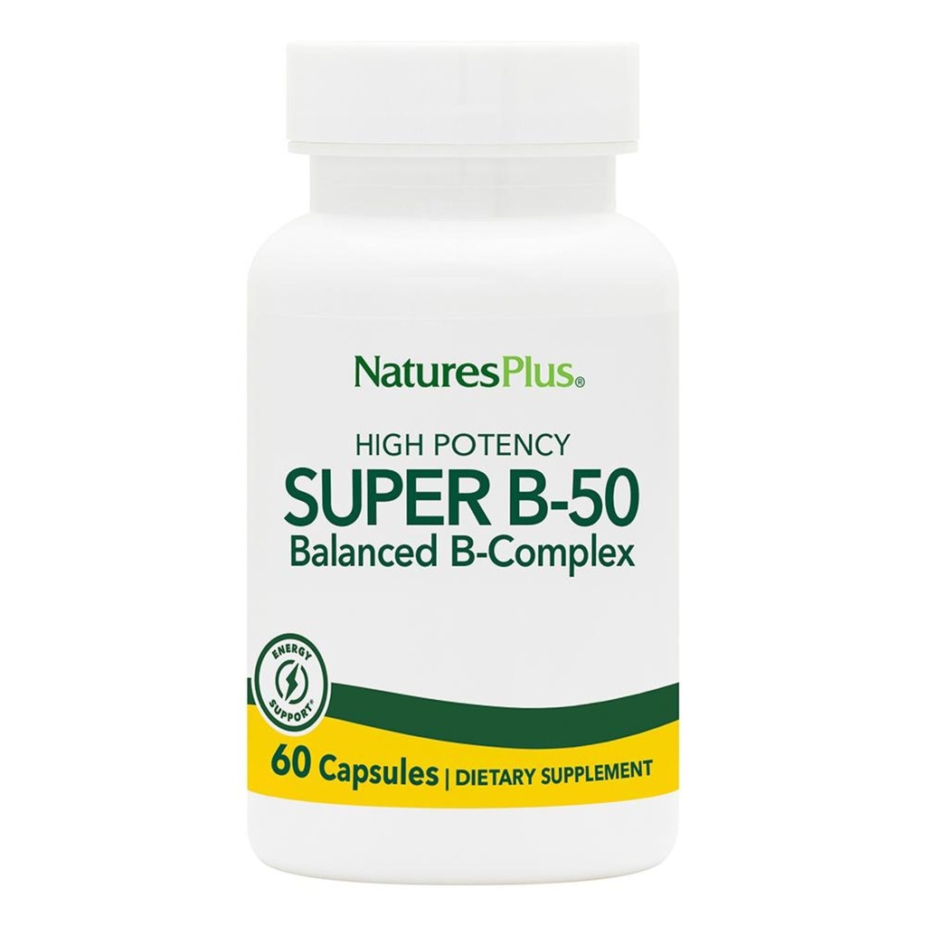 NaturePlus Super B50- 60 Vegetariske Kapsler - Høj potens B Complex Vitamin Supplement - Brain & Energy Booster - Gluten- Free - 60 Servere