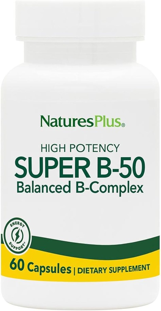 NaturePlus Super B50- 60 Vegetariske Kapsler - Høj potens B Complex Vitamin Supplement - Brain & Energy Booster - Gluten- Free - 60 Servere
