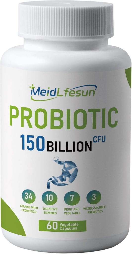 Organic Probiotic and Prebiotics, 150 Millioner CFU 34 Strops, fordøjelsesenzymer, for mænd og kvinder, 60 Vegan kapsler til Gut Sundhed & fordøjelsesstøtte, Non- GMO, Gluten Free