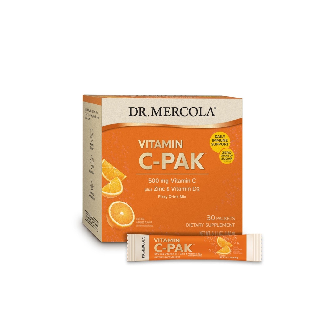 Dr. Mercola Vitamin C- PAK, 30 Servere (30 Pakker), Fizzy Drink Mix, 500 mg C-vitamin, med zink og vitamin D3, Natural Orange Flavor, Kosttilskud, understøtter sund immunfunktion, ikke-GMO