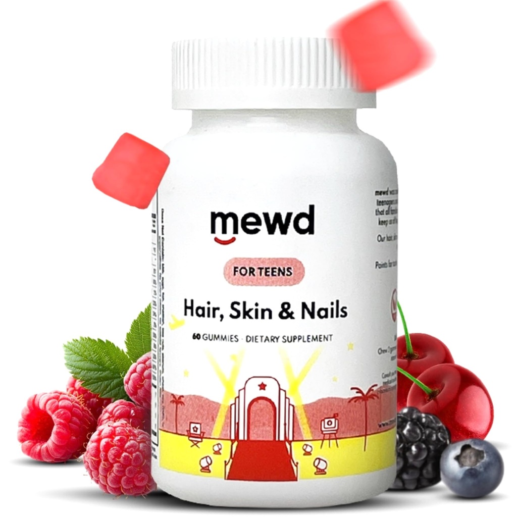 MEWD Teen og børn Hår, Hud + negle Daily Multivitamin Gummy Styrker Formel - Chewable Vitamin Kosttilskud med Biotin, Zink, Vitamin A, B, & D3 for piger og drenge, 60, Made in USA