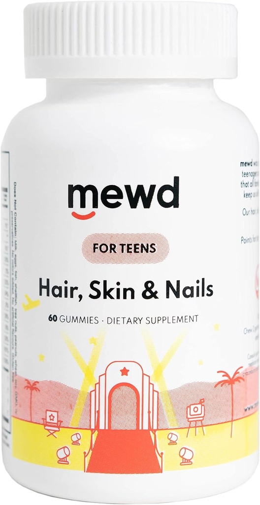 MEWD Teen og børn Hår, Hud + negle Daily Multivitamin Gummy Styrker Formel - Chewable Vitamin Kosttilskud med Biotin, Zink, Vitamin A, B, & D3 for piger og drenge, 60, Made in USA