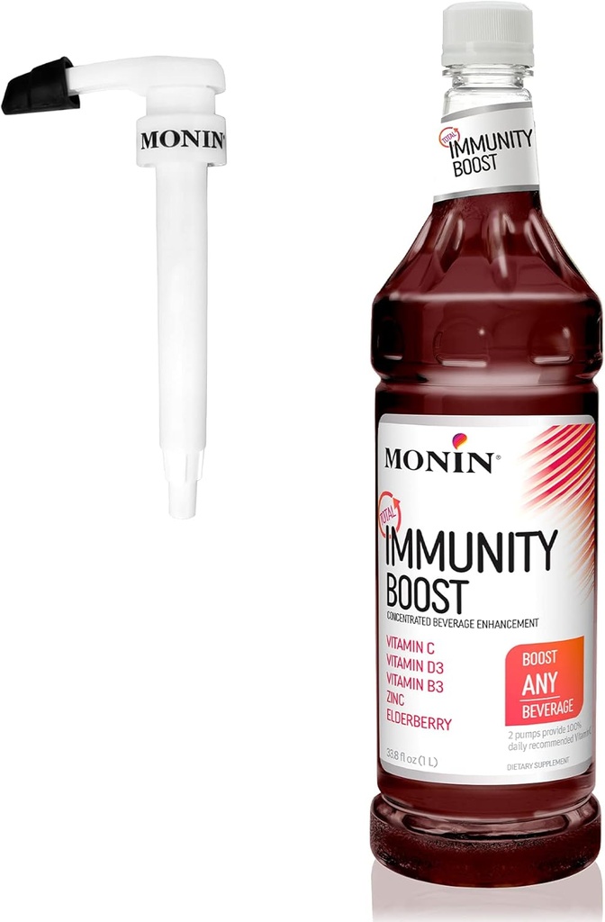 Monin - Total Immunitet Boost, Immunitet Support, flydende blend af vitaminer, mineraler, & antioxidanter, immunboosting C & D + Elderberry, For alle drikkevarer, lav kalorie (1 liter + pumpe)