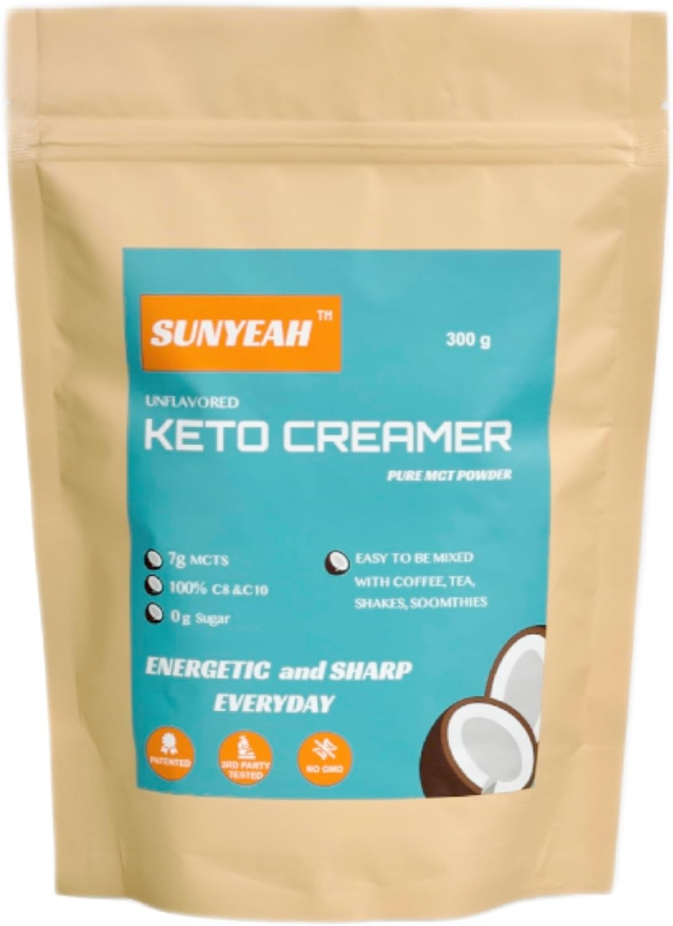 SUNYEAH MCT Powder - MCT Oil Powder, KETO Coffee Creamer, Pure C8 C10, No- Sukker, Fra kokos, 300 g, Fremragende i kaffe, Tea, Vand, Shakes, Smoothies, Ikke aromatiseret, No- GMO