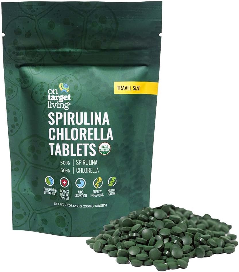 På Target Living Organic Spirulina Chlorella Rejsestørrelse: 124; Super Greens • 124; USDA Organic • 124; 250 tabletter - 250 G (2,2 oz) • 124; Vegan • 124; immunforsvar: 124; Alkalyzing • 124; Protein Dense