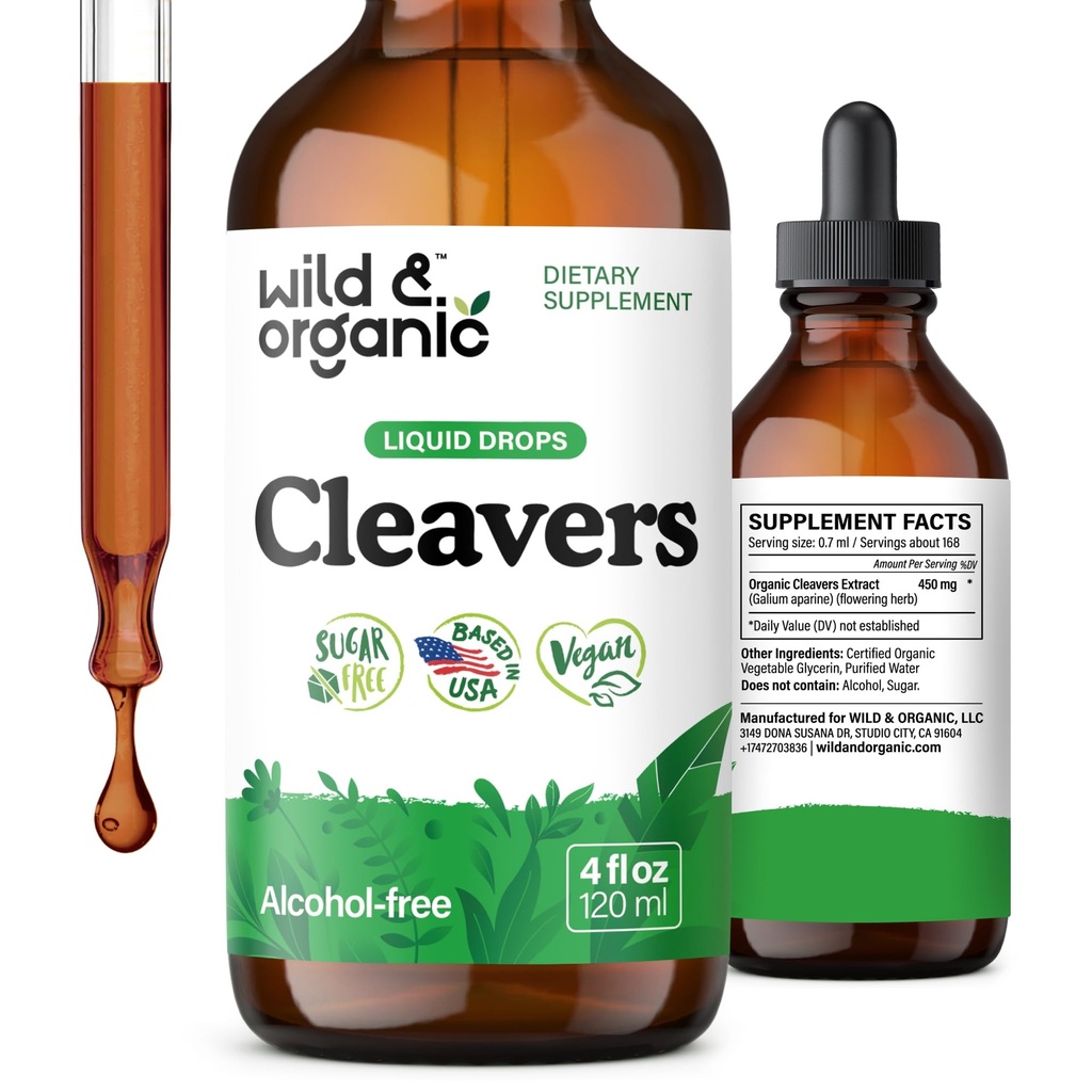 Wild & Organic Cleavers Tinktur - Herbal Detox Drops med Cleavers Herb - Galium Aparine Leaf Extract Supplement - Vegan, Sukker & Alkohol- Free - 4 fl oz
