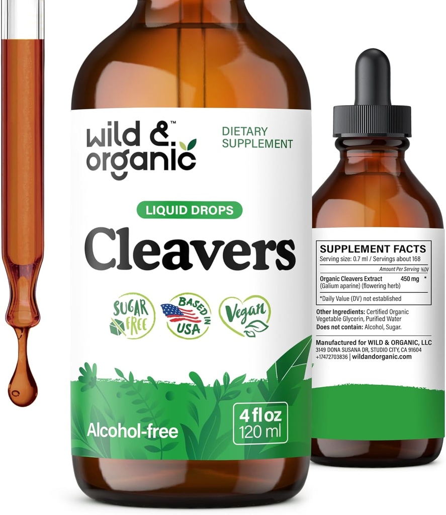 Wild & Organic Cleavers Tinktur - Herbal Detox Drops med Cleavers Herb - Galium Aparine Leaf Extract Supplement - Vegan, Sukker & Alkohol- Free - 4 fl oz