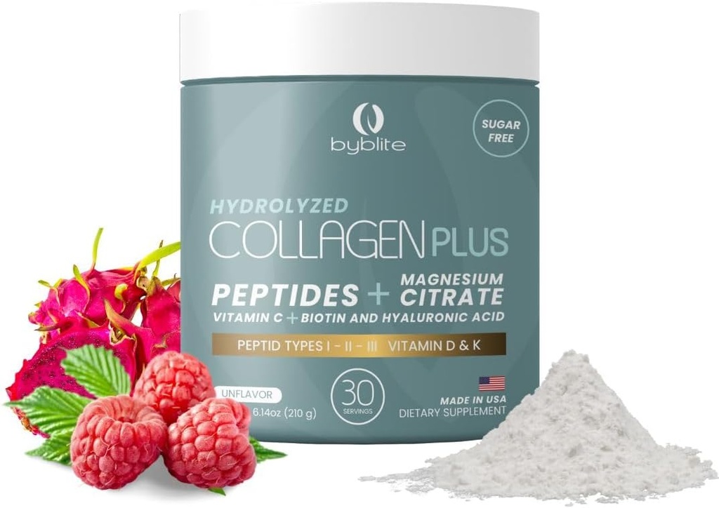 Colageno Hidrolizado para Mejorar Articulaciones + Citrato de Magnesio para tu Salud Digitiva + Peptidos I, II, III + Acido Hialuronico + Biotin + Vitamina C, D y K y Fortalece Tus Uñas y Cabello