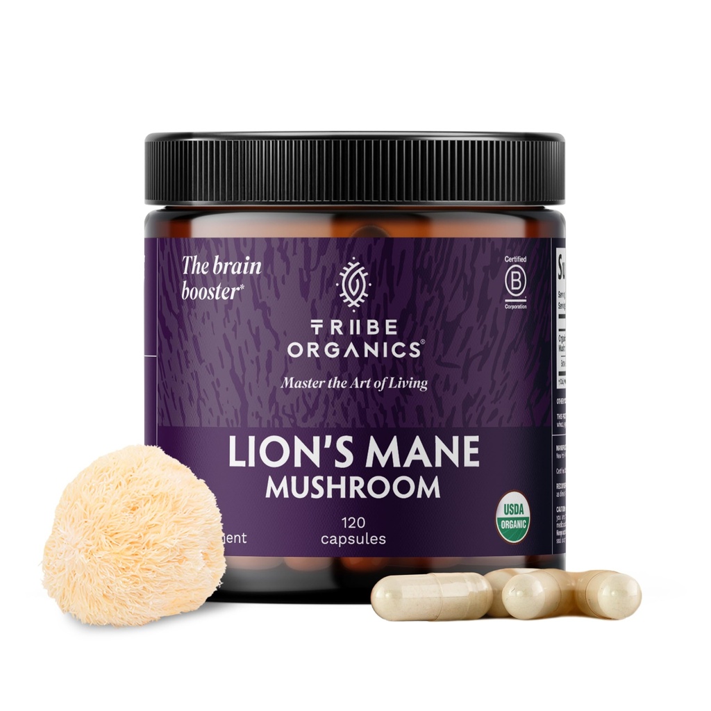 TRIBE ORGANICS Lion 's Mane Supplement 1000mg Mushroom Extract Powder - Immunsystemet Booster & Brain Nootrop for Focus and Memory Dex124; Mental Clarity Dex124; Natural Energy and Immunity - 120 Veganske kapsler