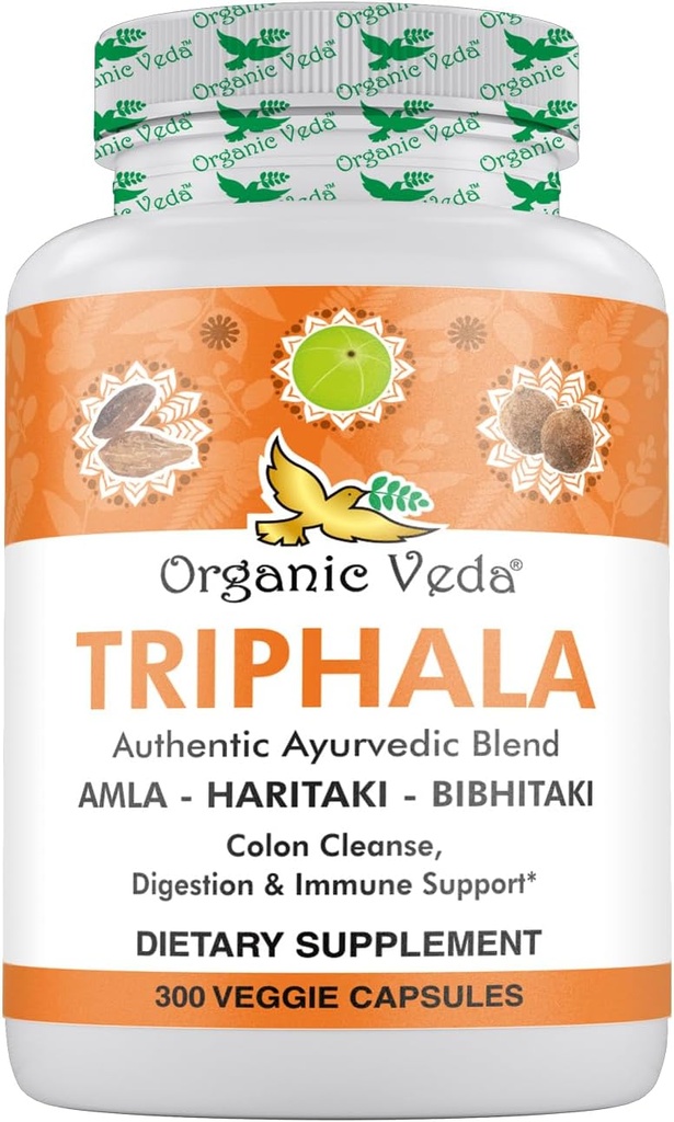 Organic Veda Triphala Powder 300 kapsler, 1000 mg - Organic Triphala supplement til kolon rense, immunforsvar, Gut & fordøjelsessundhed - hele grønne antioxidanter Amla, Haritaki & Bibhitaki - Vegan piller