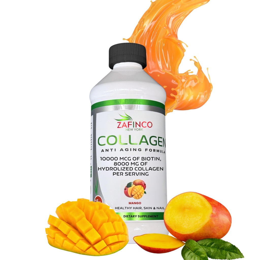 Flydende collagen peptider til kvinder & men- Mango Flavored 10000 mcg biotin + 8000 mg hydrolyseret, Sugar Free Premium Juice til anti- Aging, hud, hår, negle & joints -16 Fl oz- Made in USA