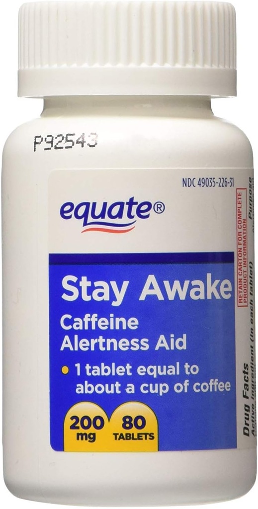 Equate - Stay Awake - Alerness Support With Coffein, Maksimal Styrke, 80 tabletter 200 Mg
