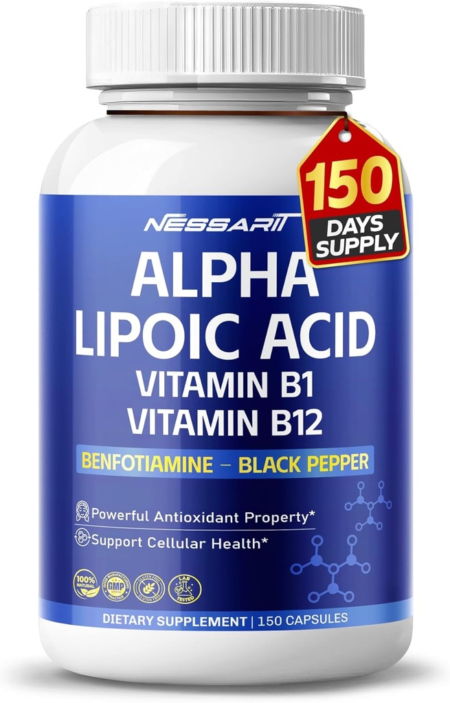 Alpha Lipoic Acid høj potens med vitamin B1, vitamin B12, Benfotiamin, Ubiquinol, Black Pepper - Support Cellular Health - 150 Count - Made & Testet i USA