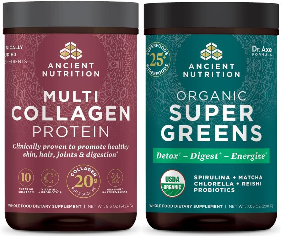 Ancient Nutrition Multi Collagen Protein Powder, Unflavored, 24 Servere + Supergreens Powder, Green Flavor, 25 Servere