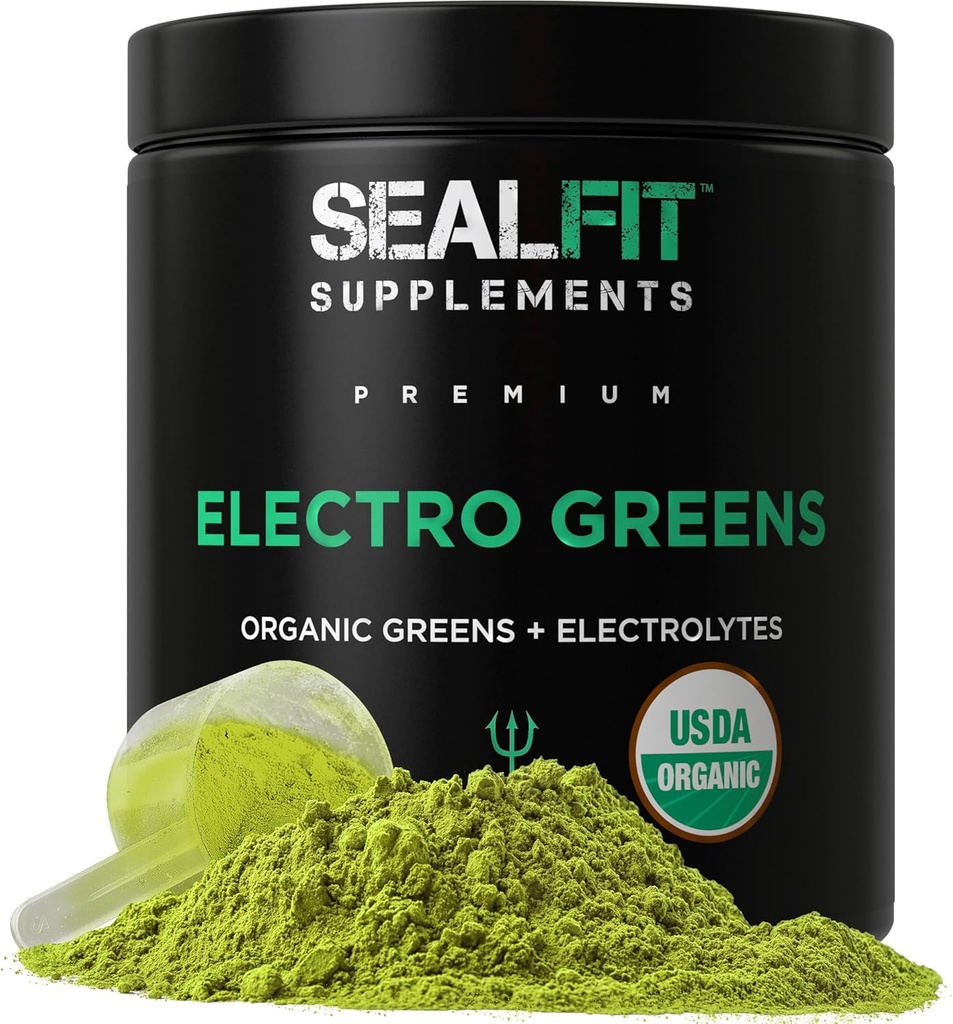 SEALFIT ElectroGreens - USDA Organic Green Superfood + Electrolytes Powder. 25 + Superfood til energi og hydrering. Super grøn juice og elektrolyte pulver inspireret af tidligere Navy Seal Mark Guddommelig