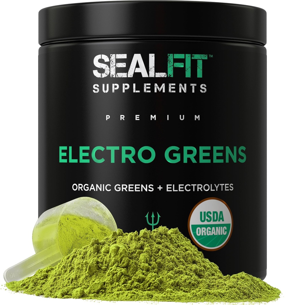 SEALFIT ElectroGreens - USDA Organic Green Superfood + Electrolytes Powder. 25 + Superfood til energi og hydrering. Super grøn juice og elektrolyte pulver inspireret af tidligere Navy Seal Mark Guddommelig