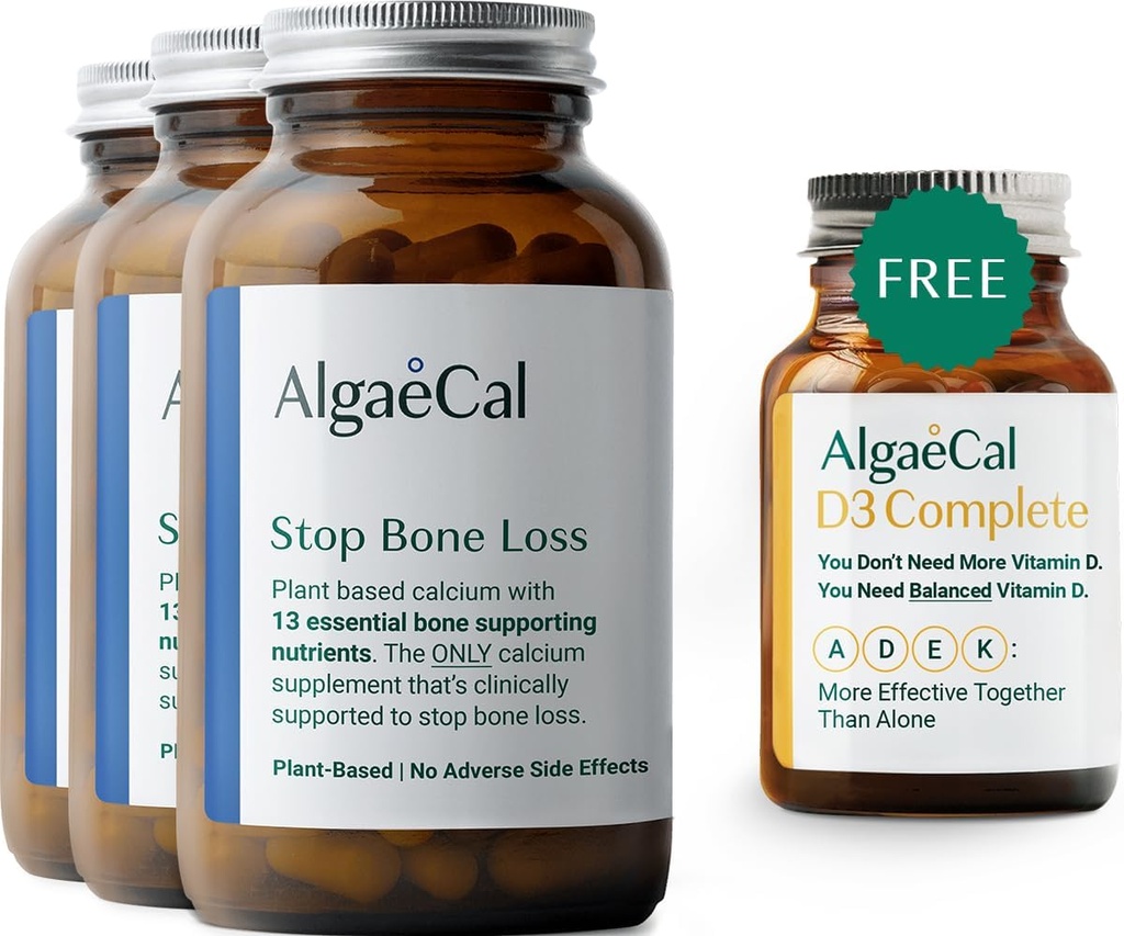 ALGAECAL Vitality Bundle - Gratis 4-in-1 D3-vitamin Komplet & Plantbaseret Calcium med 13 Bone- Support Minerals, Klinisk vist til at stoppe knogletab, immunforsvar & hele kroppen Wellness