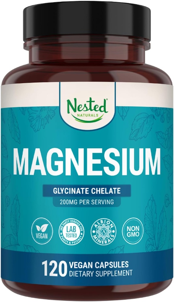 Nested Naturals Magnesium Glycinate Chelat - 200mg Chelated Magnesium Supplement for Muskelkramper, Afslapning, & Sleep Support - 100% Albion TRACS Buffered Magnesium Glycinate - 120 Vegankapsler