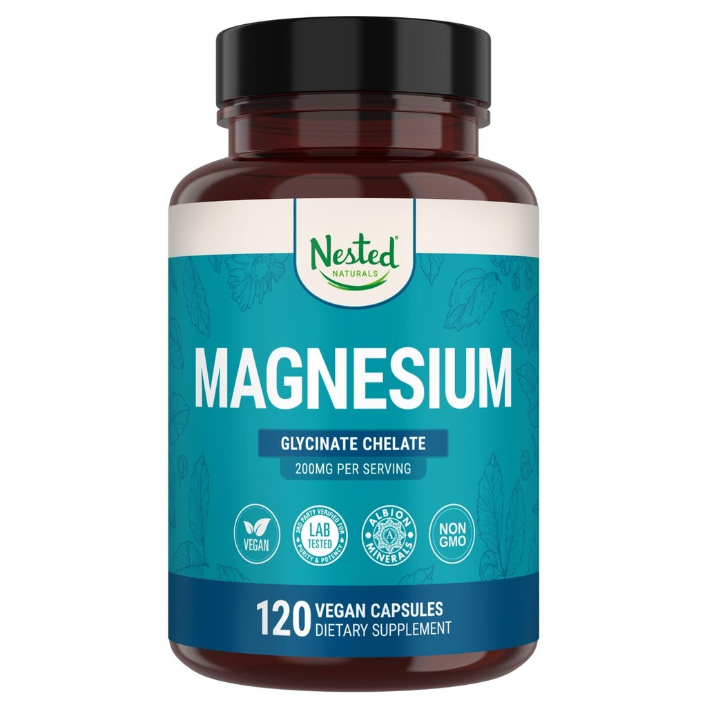 Nested Naturals Magnesium Glycinate Chelat - 200mg Chelated Magnesium Supplement for Muskelkramper, Afslapning, & Sleep Support - 100% Albion TRACS Buffered Magnesium Glycinate - 120 Vegankapsler