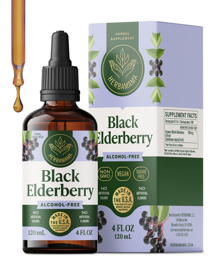 HERBAMAMA Black Elderberry Drops - Vegan Elderberry Liquid Extract for immunsupport - Non- GMO, Alkohol & Sugar- Free Immunity Supplement, 42- Day Supply