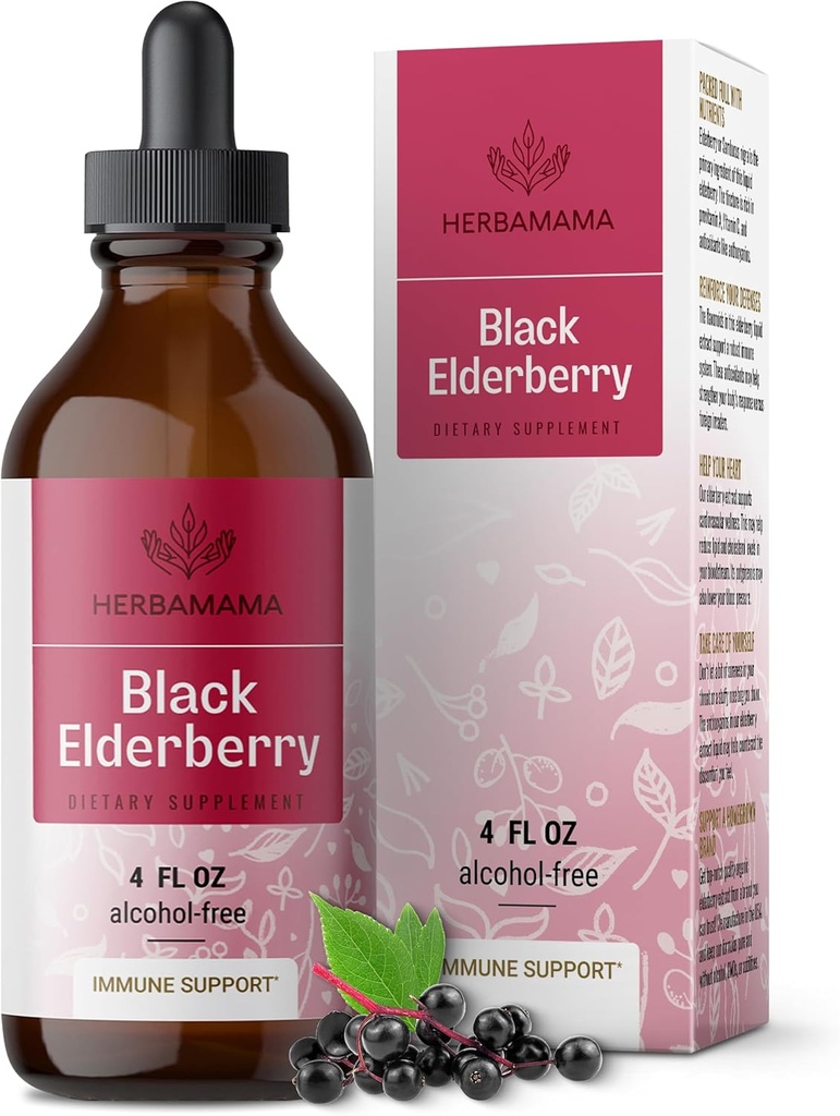 HERBAMAMA Black Elderberry Drops - Vegan Elderberry Liquid Extract for immunsupport - Non- GMO, Alkohol & Sugar- Free Immunity Supplement, 42- Day Supply