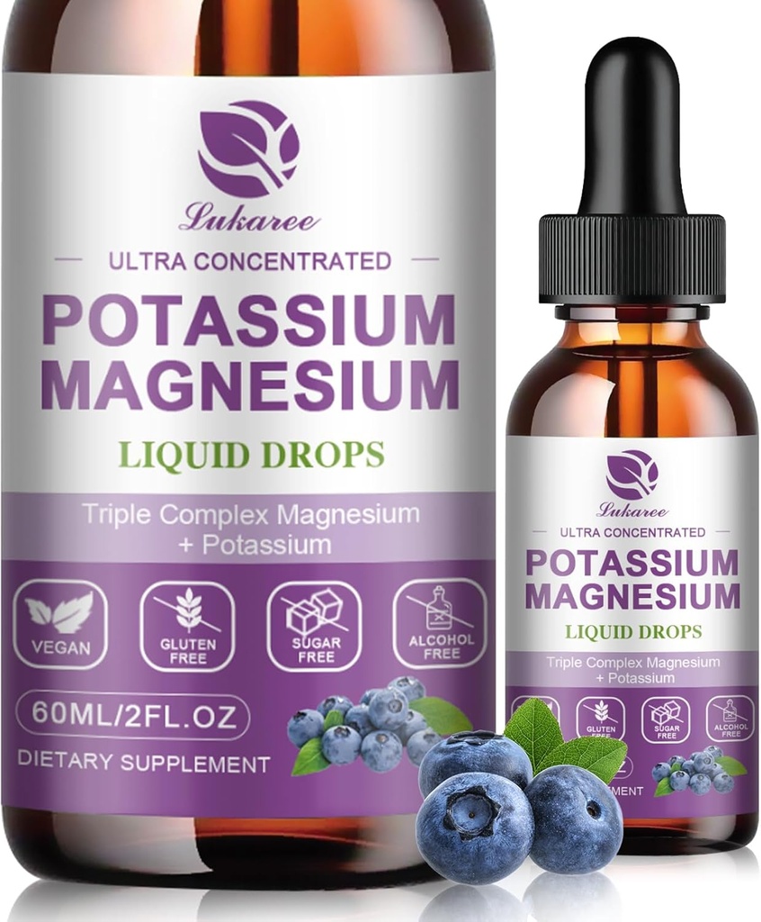 Kalium Magnesium Supplement Flydende w / Triple Complex Magnesium Glycinate & Kalium Plus Omega 3, Sea Moss, Black Seed, D3K2 & Calcium til Zzz, Leg kramper & Muscle-2 FL OZ Drop