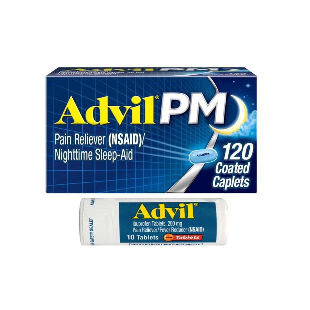 Advil PM Pain Reliever og Nighttime Sleep Aid, Ibuprofen for Pain Relief og Diphenhydramin Citrate for a Sleep Aid - 120 Coated Caplets and Pain Reliever and Fever Reducer, 10 Count Tablets
