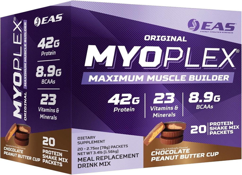 EAS Original Myoplex Maximum Muscle Builder, Meal Erstatning Protein Mix 124; Quality Protein Blend Shut 124; 42g Protein, 20 Individuel pakke (Chocolate Peanut Butter Cup)