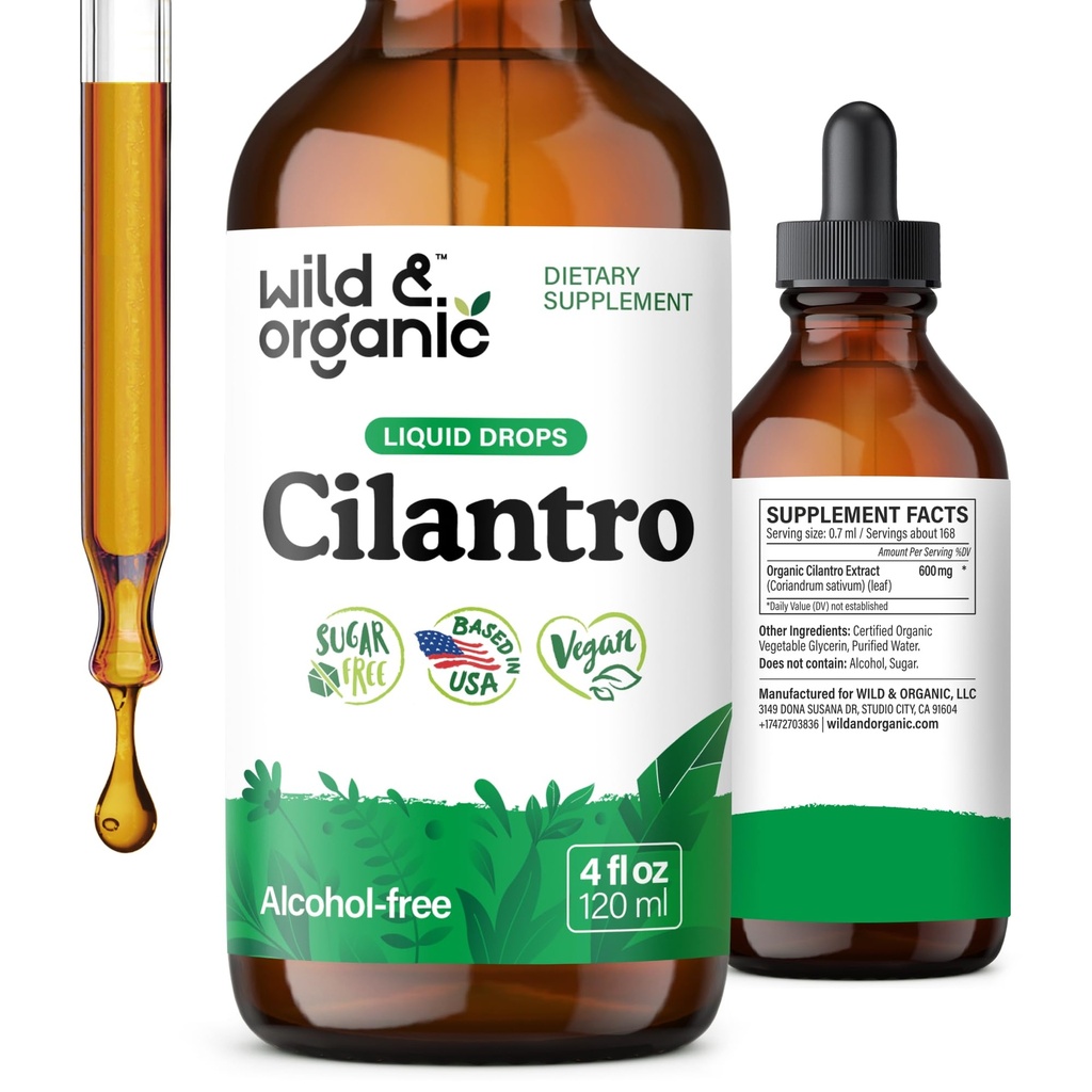 Wild & Organic Cilantro Tinktur - Herbal Detox Drops med Cilantro Extract - Flydende koriander Leaf supplement - Vegan, Sukker & Alkohol- Gratis Drops - 4 fl oz