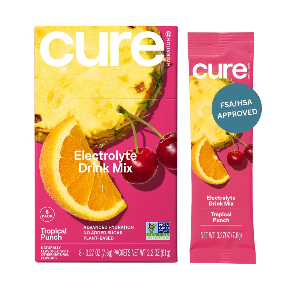 Cure Hydration Plant-Based Electrolyte Drink Mix | No Added Sugar | Dehydration Relief | Coconut Water Powder | FSA-HSA Eligible | Non-GMO, Vegan | 8 Packets – Tropical Punch