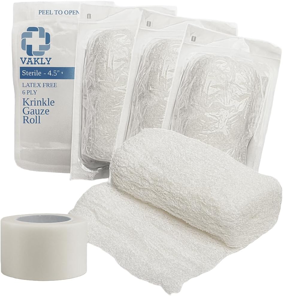 Vakly Sterile Krinkle Kerlix Type Gauze Bandage Rolls [5 Pack] Highly Absorbent Fluff 100% Cotton Bandages Roll 4.5"x4.1yds 6-Ply - Individually Wrapped Mesh Gauzes + Medical Tape - Packaging May Vary