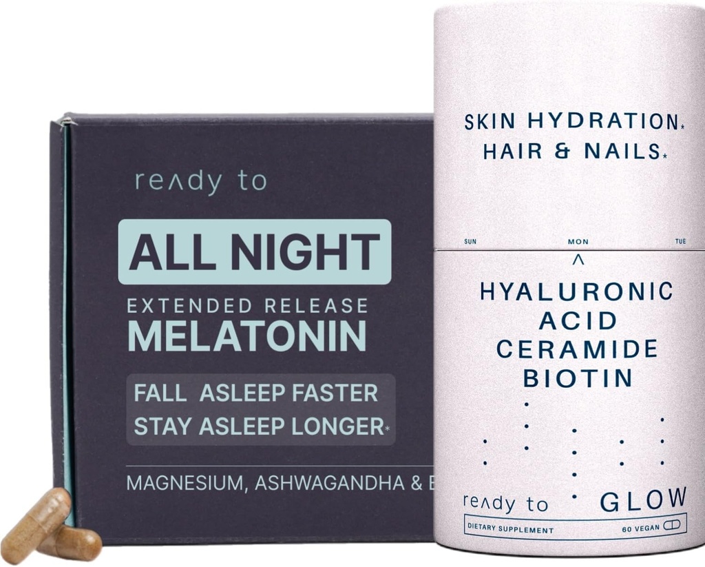 Skin Hydration & Sleep Aid Set 124; Anti- Aging & Sleep Support med Hyaluronsyre, Ceramider, Antioxidanter, Melatonin, og Ashwagandha Budd124; Strålende Hud & Restfuld Sleep Pack