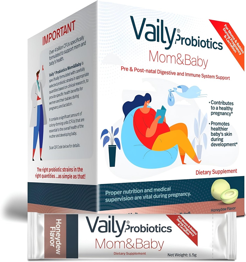 Vaughns Mom & Baby Probiotic - Post & Prenatal Vitaminer Probiotika Pulver til kvinder - Styrker immunsystemet & fordøjelsessygdomme, Sund Baby Hud - Prenatal Essentials, Easy fordøjelse - 30 sticks