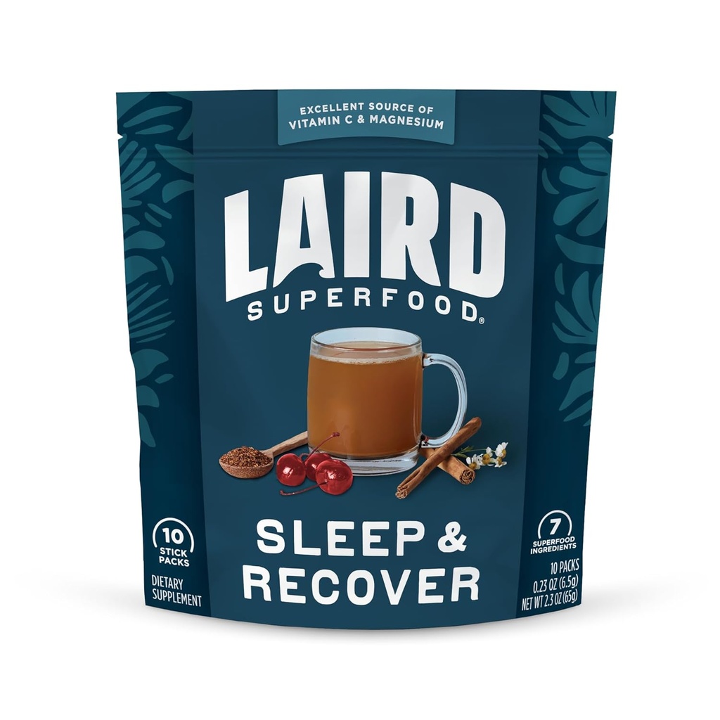 Laird Superfood Sleep & Recover, Bedtime Poweded Drink Mix Calming supplement til støtte afslapning og søvn med Tart Cherry og Kamille, 0,3 Oz Packet, pakke med 10