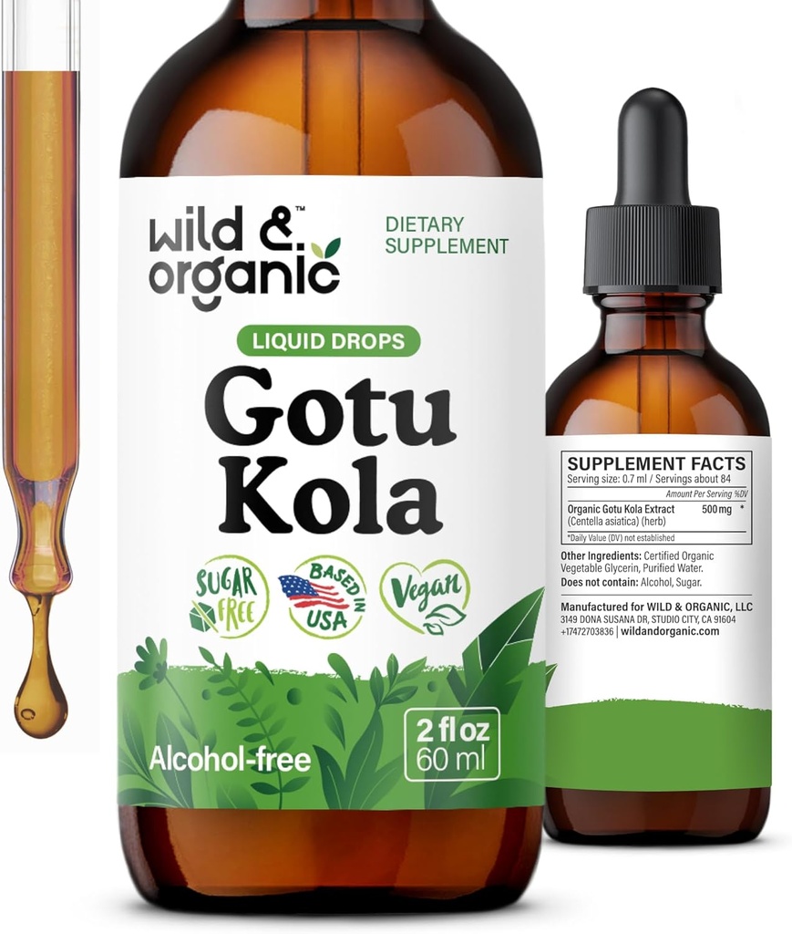 Wild & Organic Gotu Kola Herb Tinktur - Brain Support - Gotu Kola flydende ekstrakt dråber - Vegan, Sukker & Alkohol- Gratis Centella Asiatica Supplement - 2 fl oz