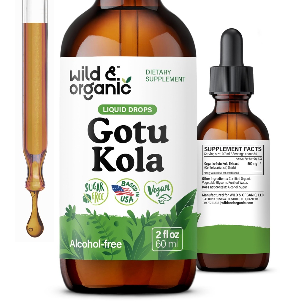 Wild & Organic Gotu Kola Herb Tinktur - Brain Support - Gotu Kola flydende ekstrakt dråber - Vegan, Sukker & Alkohol- Gratis Centella Asiatica Supplement - 2 fl oz