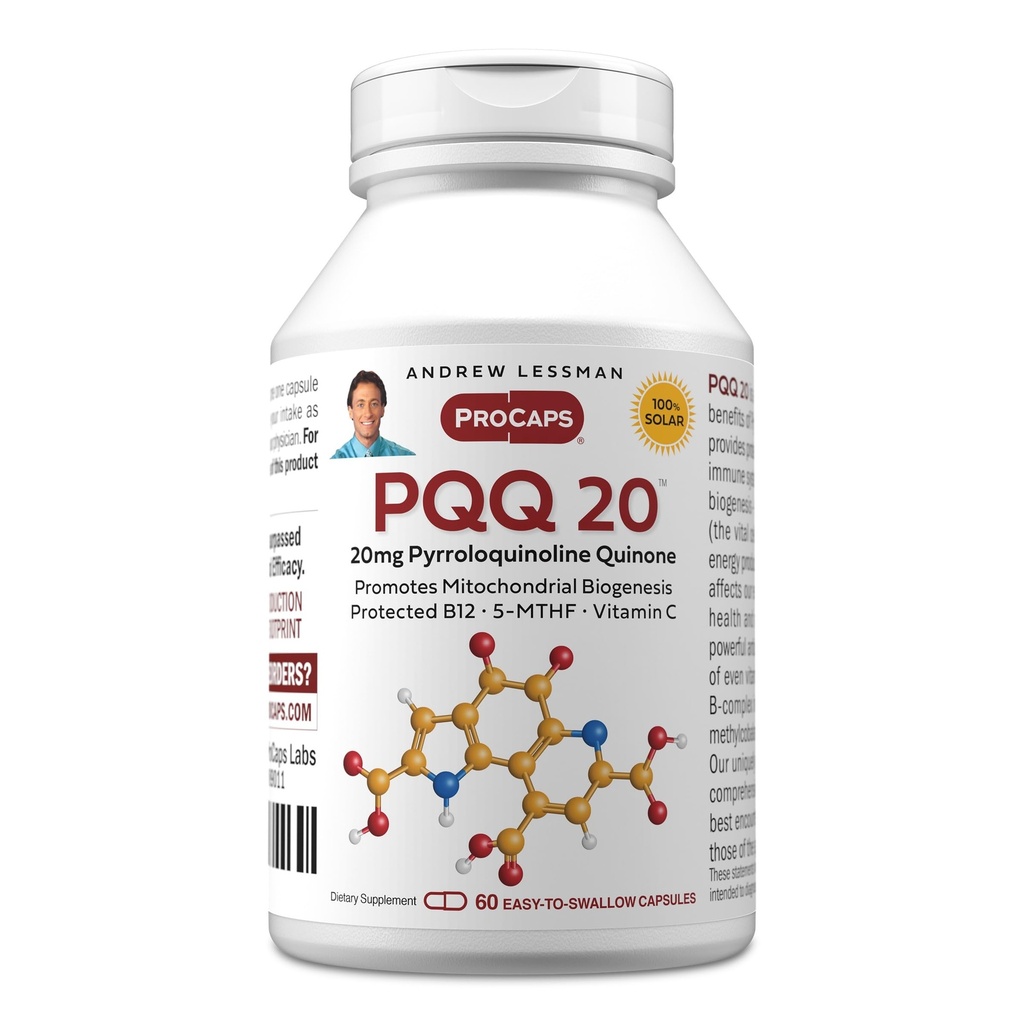 ANDREW LESSMAN PQQ 20mg - 60 Capsules - 20mg Pyrroloquinoline Quinone, Natural Protective Compound Supports Vital Organs, Heart, Brain, Liver, Immune System. Mitochondrial Biogenesis, No Additives