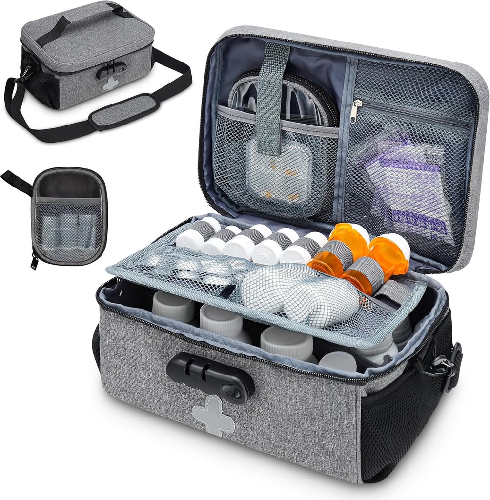 Pill flaske Organizer taske med Kombinationslås, Lockable Medicine Bag Organizer, Rejse Medicin Organizer med Bærbar lille Pouch, Medicin Lock Box for receptpligtig flasker med skulderrem