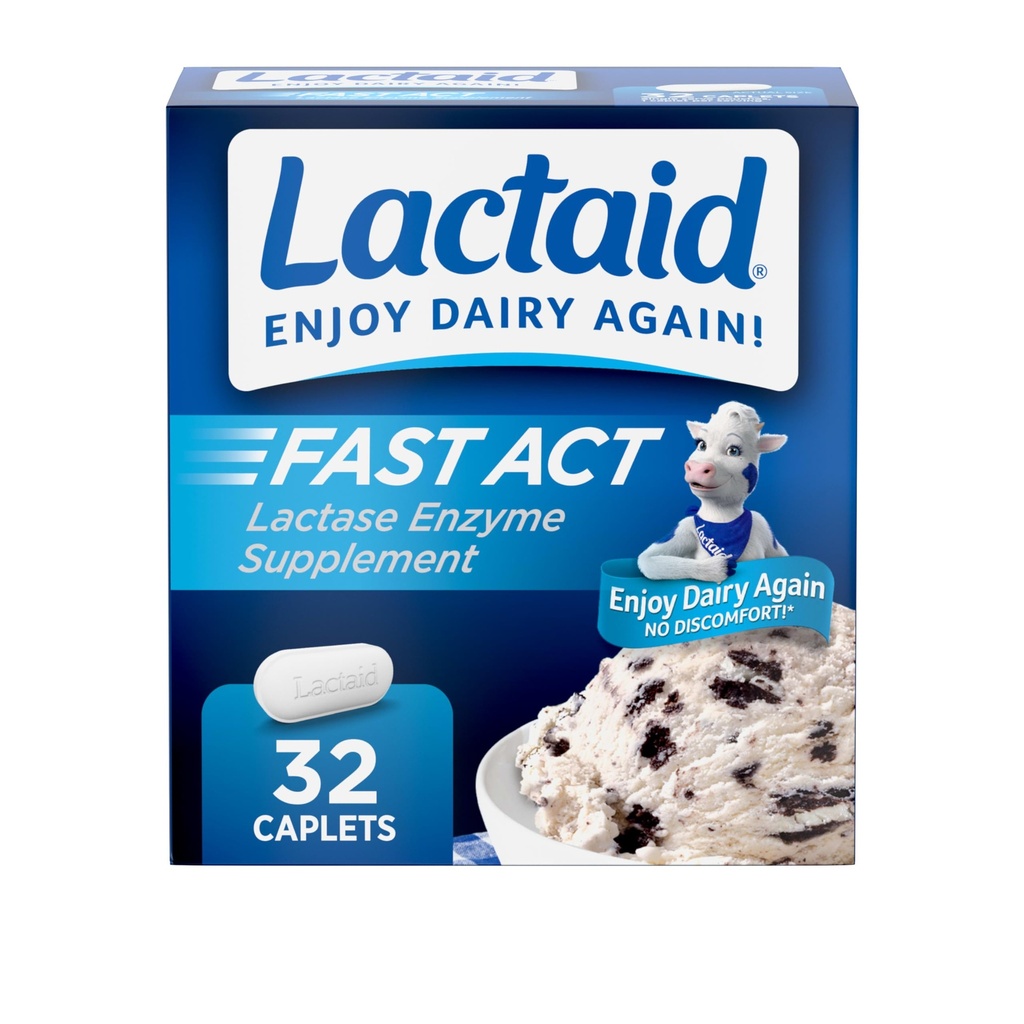 Lactaid Fast Act Lactose Intolerance Relief Caplets med Lactase Enzyme at forhindre gas, Bloating & Diarré På grund af laktose sensitivitet, Ideel til rejser & On- The- Go, 32 pakker med 1-greve